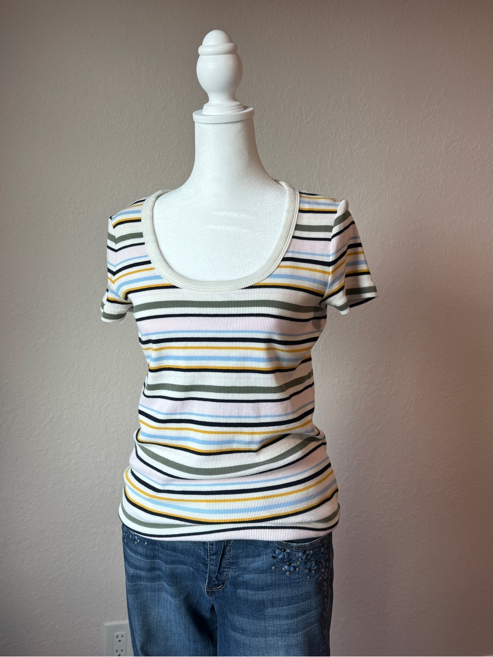 Talbots Ribbed Striped Scoop Neck Stretch Tee Medium Cotton Blend